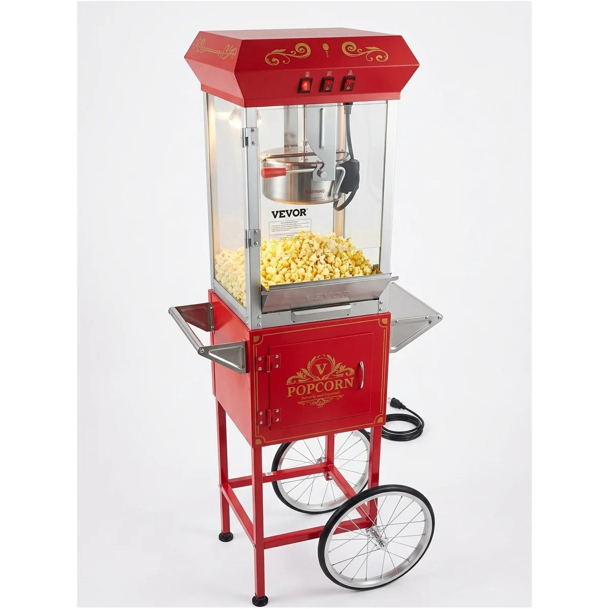 Red wheeled popcorn machine with glass popping chamber